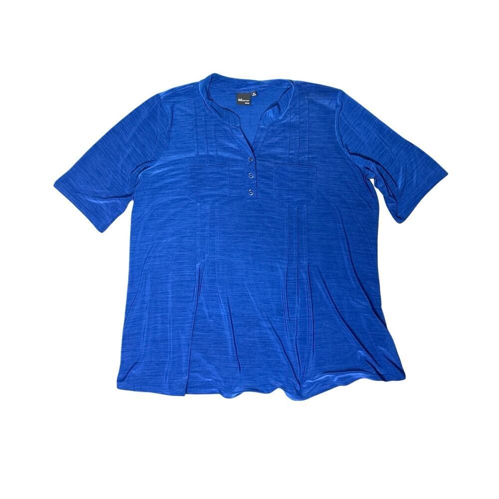 Elie McCarthy Women’s 1X Short Sleeve Henley Blouse Dark Blue Flowy Top